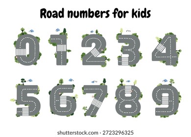 A colorful and creative illustration of the numbers 0 to 9 designed as roads with crosswalks, trees, clouds, and greenery.