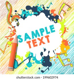 Colorful, creative illustration. Vector pencil, pencil sketch, doodles, notes and music. The Illustration is used for in web design, postcards, banners, in computer design. Abstract background.