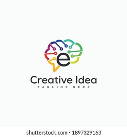 Colorful creative letter E and brain isolated logo design for technology education logo. Symbol of creativity, creative idea logo designs template