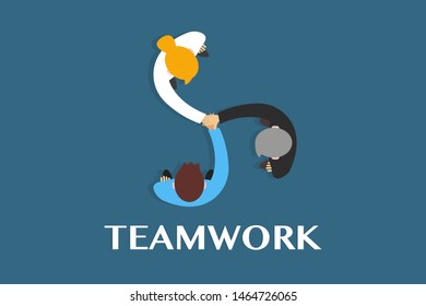 Colorful creative logo with people stacking hands on blue background and slogan Teamwork
