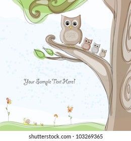 Colorful creative modern abstract nature editable hand drawing vector background with spring flowers tree owl pattern texture