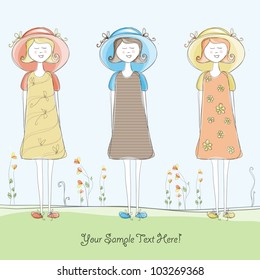Colorful creative modern abstract vector hand drawing beauty girls set with flower