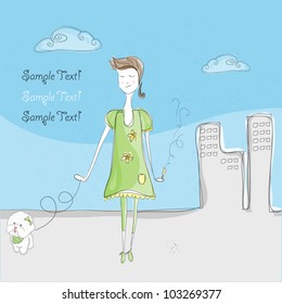 Colorful creative modern abstract vector hand drawing beauty city girl with dog