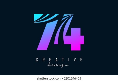 Colorido logotipo Creative número 74 7 4 con líneas principales y diseño de concepto de carreteras. Número con diseño geométrico. Ilustración vectorial con número y cortes creativos.