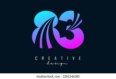 Colorido logo creativo número 83 8 3 con líneas líderes y diseño de concepto de carreteras. Número con diseño geométrico. Ilustración vectorial con número y cortes creativos.
