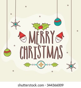 Colorful creative ornaments decorated greeting card design for Merry Christmas celebration.