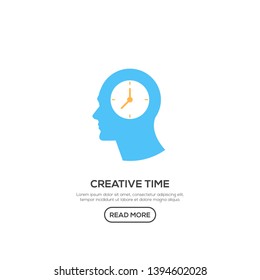 Colorful creative People logo with clock icon inside head. Modern business brain concept in flat design isolated on white background. Vector Illustration