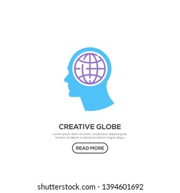 Colorful creative People logo with globe inside head. Modern business brain concept in flat design isolated on white background. Vector Illustration