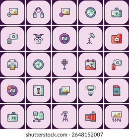 Colorful and Creative Photography Equipment Icons Set Depicting Essential Tools