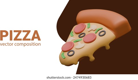 Colorful creative pizza concept. Hot triangular piece with melted cheese, mushrooms, sausage, olives