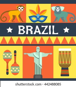 Colorful creative poster with symbols of Brazil isolated on ornamented stylized yellow-red background. Vector illustration.