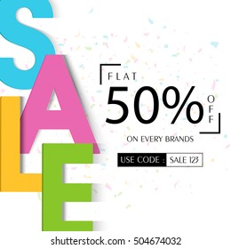 Colorful creative Sale Text, Creative Poster, Banner, Flyer or Pamphlet with Flat 50% Off on Every Brands, Vector Typographical Background.