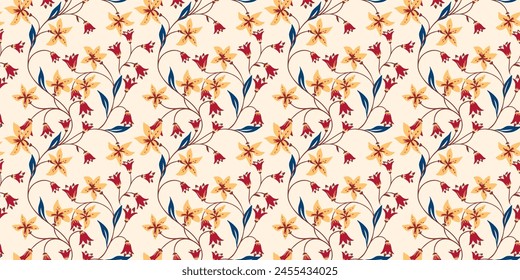 Colorful creative seamless pattern with blooming wild meadow. Abstract artistic branches with tiny flowers bells, buds and small leaves intertwined in a summer background. Vector hand drawn