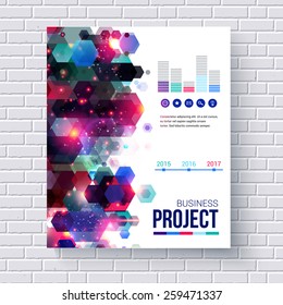Colorful creative template for the presentation of a business project with diagram, icons, timeline and navigation bar, on a white brick wall. Vector illustration.