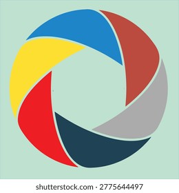 Its a colorful creative vision camera aperture icon, a design frequently used to represent photography, art,  features six overlapping, blade-like segments in various colors arranged in a circle or Climate Solutions for a Positive Impact logo