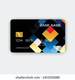 Colorful credit card design. With inspiration from abstract. On white background. Glossy plastic style.