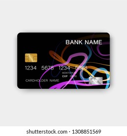 Colorful credit card template design. On white background. Vector illustration. Glossy plastic style.