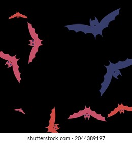 Colorful Creepy Print Sky Halloween Art Illustration. Attack Purple Black Night Background. Spooky Eyes Motion Red Flying Bats Art Pattern. Chaos Gothic Pink Scary Retro Bats Vector Background.