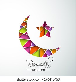 Colorful crescent moon and star on blue background for holy month of muslim community Ramadan Kareem. 