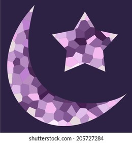 Colorful crescent moon and star on violet background for holy month of muslim community Ramadan Kareem. Pixel art.