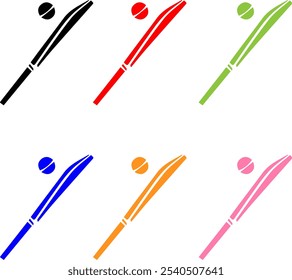 Conjunto de iconos de pelota y murciélago de cricket colorido, Imagen PNG. Colección de ícono de deportes de críquet minimalista. Iconos del vector del equipo del grillo en diversos Colores. Símbolos multicolores del bate y de la pelota del críquet para los deportes.