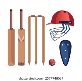 Colorful Cricket Helmet Gloves Stump With Cricket Gured Vector Illustration Design Collection With White Background, Protective Helmet Stump And Pads, Ball Vector Set.