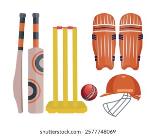 Colorful Cricket Helmet Gloves Stump With Cricket Gured Vector Illustration Design Collection With White Background, Protective Helmet Stump And Pads, Ball Vector Set.