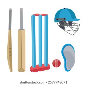 Colorful Cricket Helmet Gloves Stump With Cricket Gured Vector Illustration Design Collection With White Background, Protective Helmet Stump And Pads, Ball Vector Set.