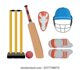 Colorful Cricket Helmet Gloves Stump With Cricket Gured Vector Illustration Design Collection With White Background, Protective Helmet Stump And Pads, Ball Vector Set.