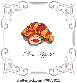 Colorful Croissant with Vintage Frame. Hand Drawn Croissants. French Breakfast Food. croissants with Filling