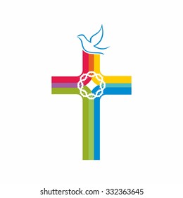 Colorful cross, dove and crown of thorns