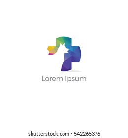 Colorful cross incorporate with dog. It's good for pet shop, house, clinic and care, or other pet activity. animal clinic and hospital logo, low poly animal vector, polygonal animal clinic logo