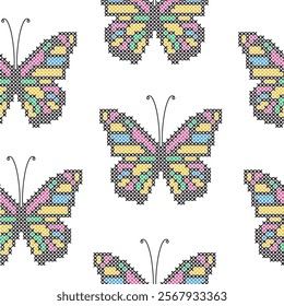 Colorful cross stitch embroidery with butterflies. Isolated on white background.