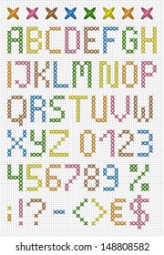 Colorful Cross Stitch Uppercase English Alphabet With Numbers And Symbols. Vector Set. 