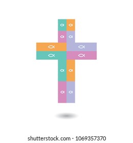 colorful cross with white fish on white background