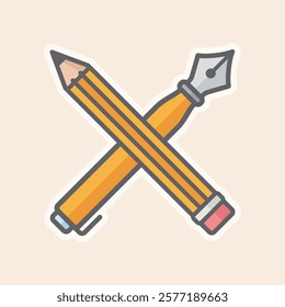 Colorful crossed Fountain pen and Pencil with eraser tip illustration badge. Graphic design concept tools to make sketches and vector digital design