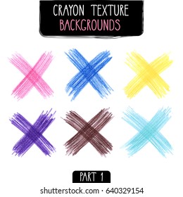Colorful crosses by crayon set. Hand drawn kids scribble style. Vector illustration.