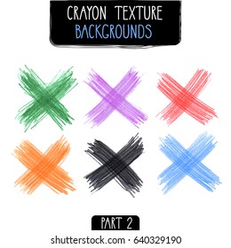 Colorful crosses by crayon set. Hand drawn kids scribble style. Vector illustration.