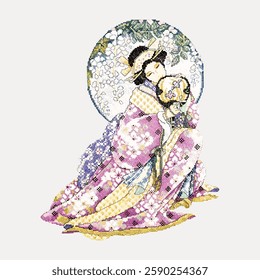 Colorful cross-stitch art of a person in traditional attire, embracing a child. Intricate patterns and vibrant colors create a serene, artistic scene. Vintage illustration isolated on white, vector.