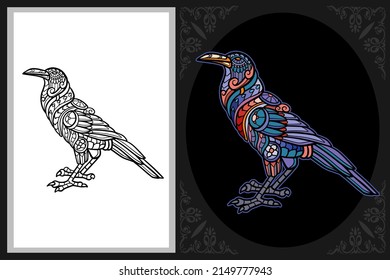 Colorful crow bird zentangle art with black line sketch isolated on black and white background