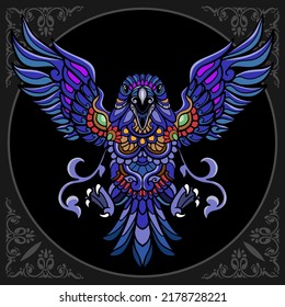 Colorful crow bird zentangle arts isolated on black background