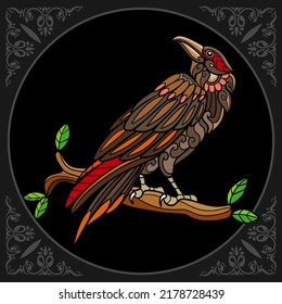 Colorful crow bird zentangle arts isolated on black background