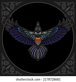 Colorful crow bird zentangle arts isolated on black background