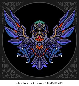 Colorful crow bird zentangle arts isolated on black background.