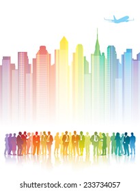 Colorful crowd of businesspeople standing in front of colorful buildings. 