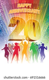 Colorful crowd of dancing people celebrating twentieth anniversary
