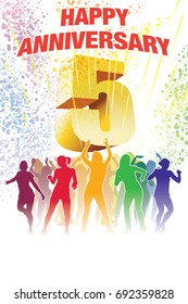 Colorful crowd of dancing people celebrating fifth anniversary