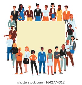 Colorful crowd of diverse nations and gender people cartoon characters banner, flat vector illustration isolated on white background. Multicultural society and community.