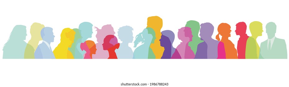 Colorful crowd, faces in profile illustration