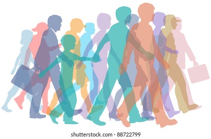 Colorful crowd of people group silhouettes walk forward together